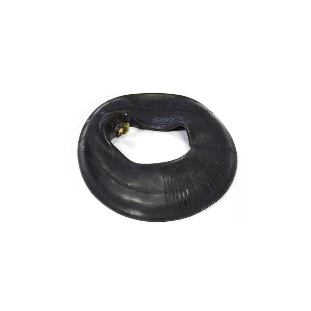 A black Journey Zinger Powerchair inner tube with a valve, similar to a rear tire, is showcased on a white background in a slightly twisted circular shape.